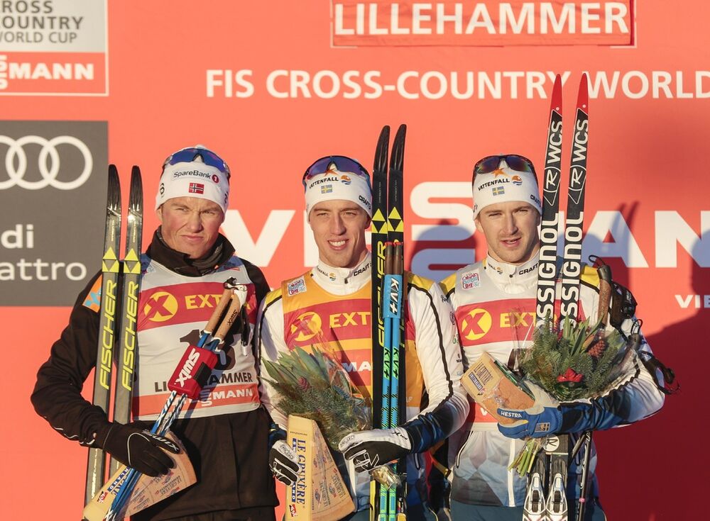 02.12.2016, Lillehammer, Norway (NOR):Emil Iversen (NOR), Calle Halfvarsson (SWE), Teodor Peterson (SWE), (l-r) - FIS world cup cross-country, individual sprint, Lillehammer (NOR). www.nordicfocus.com. Â© Modica/NordicFocus. Every downloaded picture is