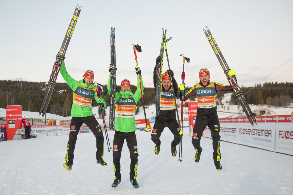 02.12.2016, Lillehammer, Norway (NOR):Rydzek, Kircheisen, Riessle, Frenzel, (l-r) - FIS world cup nordic combined, team HS100/4x5km, Lillehammer (NOR). www.nordicfocus.com. © Modica/NordicFocus. Every downloaded picture is fee-liable.