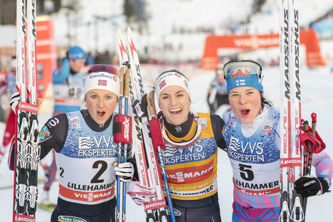 04.12.2016, Lillehammer, Norway (NOR):Ingvild Flugstad Oestberg (NOR), Heidi Weng (NOR), Krista Parmakoski (FIN), (l-r) - FIS world cup cross-country, pursuit women, Lillehammer (NOR). www.nordicfocus.com. © Modica/NordicFocus. Every downloaded picture NordicFocus 04.12.2016, Lillehammer, Norway (NOR):Ingvild Flugstad Oestberg (NOR), Heidi Weng (NOR), Krista Parmakoski (FIN), (l-r) - FIS world cup cross-country, pursuit women, Lillehammer (NOR). www.nordicfocus.com. © Modica/NordicFocus. Every downloaded picture