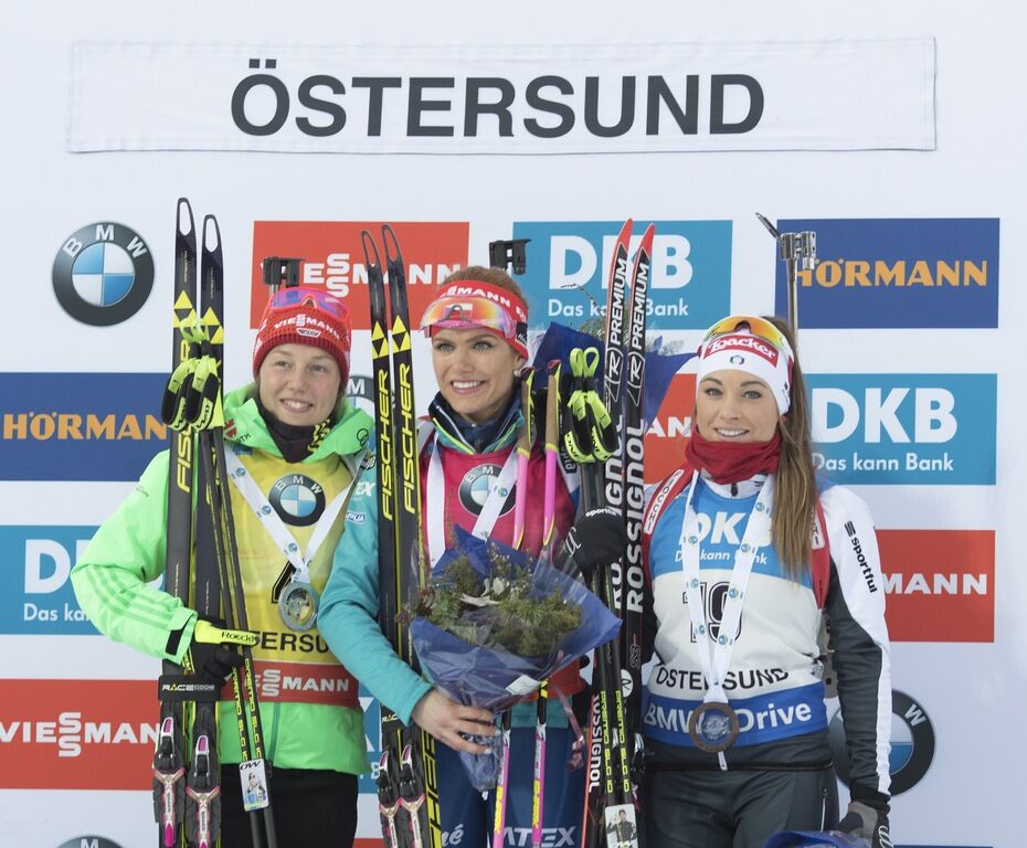 04.12.2016, Oestersund, Sweden, (SWE):Laura Dahlmeier (GER), Gabriela Koukalova (CZE), Dorothea Wierer (ITA), (l-r) - IBU world cup biathlon, pursuit women, Oestersund (SWE). www.nordicfocus.com. Â© Manzoni/NordicFocus. Every downloaded picture is fee-