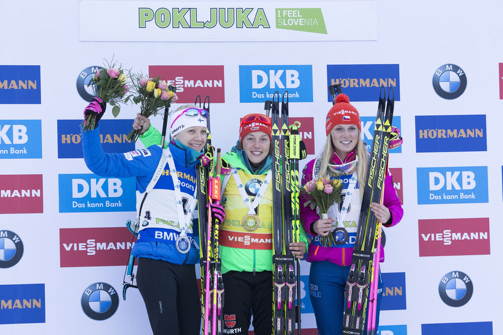 10.12.2016, Pokljuka, Slovenia (SLO):Kaisa Makarainen (FIN), Laura Dahlmeier (GER), Eva Puskarcikova (CZE), (l-r) -  IBU world cup biathlon, pursuit women, Pokljuka (SLO). www.nordicfocus.com. © Manzoni/NordicFocus. Every downloaded picture is fee-liabl