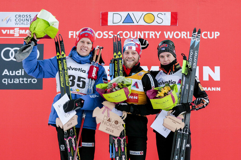 10.12.2016, Davos, Switzerland (SUI):Anders Gloeersen (NOR), Martin Johnsrud Sundby (NOR), Matti Heikkinen (FIN), (l-r) - FIS world cup cross-country, 30km men, Davos (SUI). www.nordicfocus.com. © Modica/NordicFocus. Every downloaded picture is fee-liab