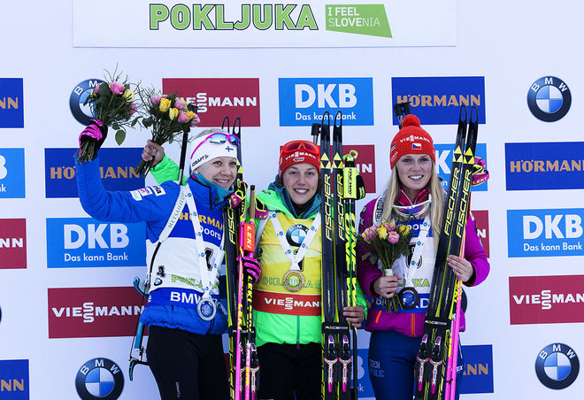 10.12.2016, Pokljuka, Slovenia (SLO):Kaisa Makarainen (FIN), Laura Dahlmeier (GER), Eva Puskarcikova (CZE), (l-r) -  IBU world cup biathlon, pursuit women, Pokljuka (SLO). www.nordicfocus.com. Â© Manzoni/NordicFocus. Every downloaded picture is fee-lia