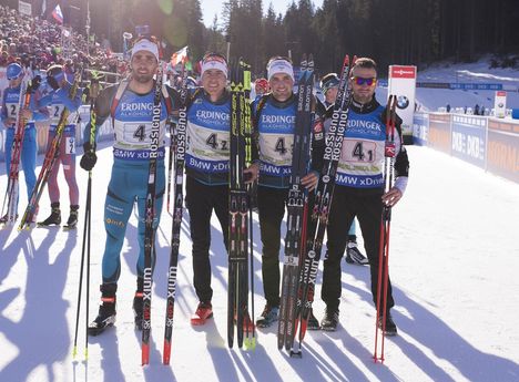 11.12.2016, Pokljuka, Slovenia (SLO):Martin Fourcade (FRA), Quentin Fillon Maillet (FRA), Simon Desthieux (FRA), Jean Guillaume Beatrix (FRA), (l-r) - IBU world cup biathlon, relay men, Pokljuka (SLO). www.nordicfocus.com. © Manzoni/NordicFocus. Ever NordicFocus 11.12.2016, Pokljuka, Slovenia (SLO):Martin Fourcade (FRA), Quentin Fillon Maillet (FRA), Simon Desthieux (FRA), Jean Guillaume Beatrix (FRA), (l-r) - IBU world cup biathlon, relay men, Pokljuka (SLO). www.nordicfocus.com. © Manzoni/NordicFocus. Ever