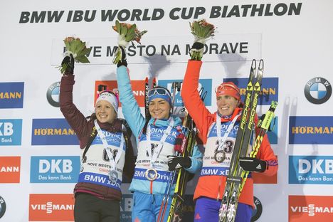 16.12.2016, Nove Mesto, Czech Republic (CZE): Anais Chevalier (FRA), Tatiana Akimova (RUS), Susan Dunklee (USA), (l-r) - IBU world cup biathlon, sprint women, Nove Mesto (CZE). www.nordicfocus.com. © Manzoni/NordicFocus. Every downloaded picture is fee NordicFocus 16.12.2016, Nove Mesto, Czech Republic (CZE): Anais Chevalier (FRA), Tatiana Akimova (RUS), Susan Dunklee (USA), (l-r) - IBU world cup biathlon, sprint women, Nove Mesto (CZE). www.nordicfocus.com. © Manzoni/NordicFocus. Every downloaded picture is fee
