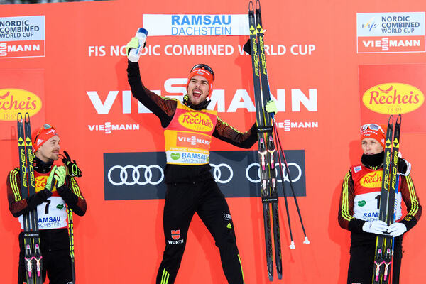 17.12.2016, Ramsau, Austria (AUT):Fabian Riessle (GER), Johannes Rydzek (GER), Eric Frenzel (GER), (l-r) - FIS world cup nordic combined, individual gundersen HS96/10km, Ramsau (AUT). www.nordicfocus.com. © Rauschendorfer/NordicFocus. Every downloaded p NordicFocus