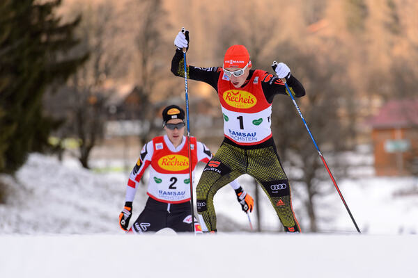 17.12.2016, Ramsau, Austria (AUT):Mario Seidl (AUT), Eric Frenzel (GER), (l-r) - FIS world cup nordic combined, individual gundersen HS96/10km, Ramsau (AUT). www.nordicfocus.com. © Rauschendorfer/NordicFocus. Every downloaded picture is fee-liable. NordicFocus
