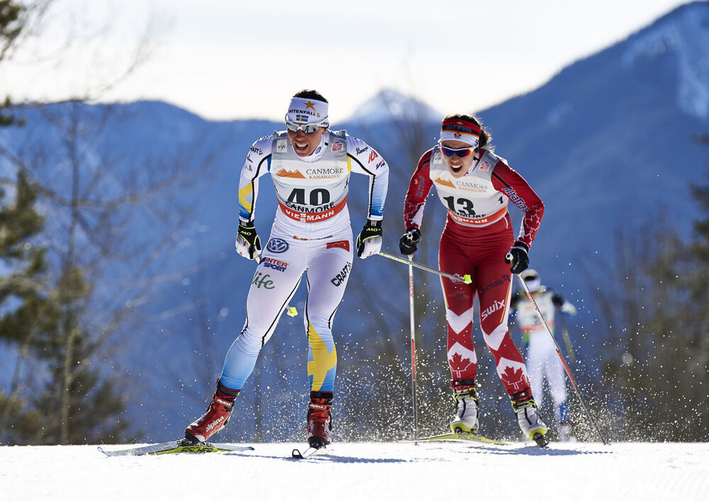 11.03.2016, Canmore, Canada (CAN):Charlotte Kalla (SWE), Emily Nishikawa (CAN), (l-r)  - FIS world cup cross-country, 10km women, Canmore (CAN). www.nordicfocus.com. © Felgenhauer/NordicFocus. Every downloaded picture is fee-liable.