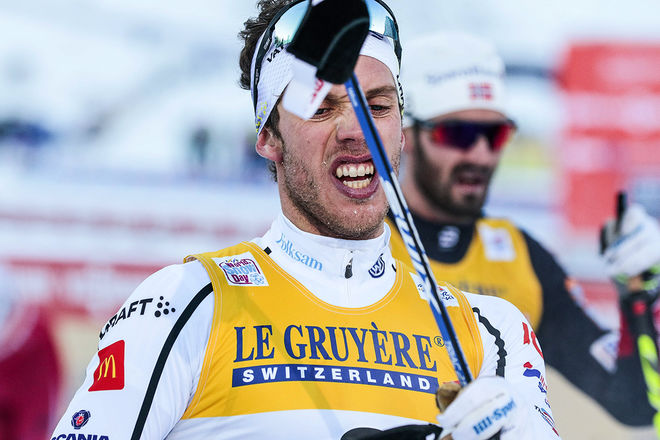 MARCUS HELLNER var allt annat än nöjd med segraren Sergey Ustiugov efter tisdagens skiathlon i Oberstdorf. Svensken skällde ut den ryske segraren. Foto: NORDIC FOCUS