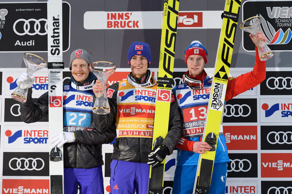 04.01.2017, Innsbruck, Austria (AUT):Robert Johansson (NOR), Daniel Andre Tande (NOR), Evgeniy Klimov (RUS), (l-r) - FIS world cup ski jumping, four hills tournament, individual HS130, Innsbruck (AUT). www.nordicfocus.com. © Rauschendorfer/NordicFocus. NordicFocus