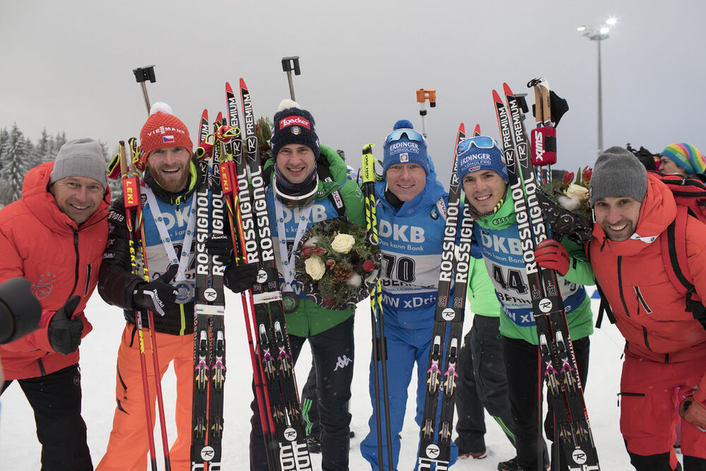 05.01.2017, Oberhof, Germany (GER):Andy Mettler (SUI), Rossignol Race Service, Michal Slesingr (CZE), Dominik Windisch (ITA), Lukas Hofer (ITA), Simon Schempp (GER), Sylvain Fanjas-Claret (FRA), (l-r) -  IBU world cup biathlon, sprint men, Oberhof (GER).