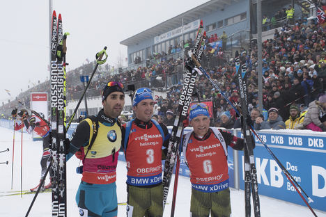 08.01.2017, Oberhof, Germany (GER):Martin Fourcade (FRA), Simon Schempp (GER), Erik Lesser (GER), (l-r) - IBU world cup biathlon, mass men, Oberhof (GER). www.nordicfocus.com. © Manzoni/NordicFocus. Every downloaded picture is fee-liable. NordicFocus 08.01.2017, Oberhof, Germany (GER):Martin Fourcade (FRA), Simon Schempp (GER), Erik Lesser (GER), (l-r) - IBU world cup biathlon, mass men, Oberhof (GER). www.nordicfocus.com. © Manzoni/NordicFocus. Every downloaded picture is fee-liable.