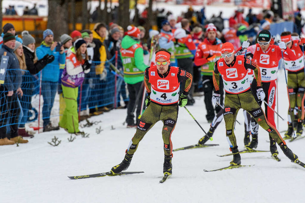 18.12.2016, Ramsau, Austria (AUT):Fabian Riessle (GER), Eric Frenzel (GER), Akito Watabe (JPN), (l-r)  - FIS world cup nordic combined, individual gundersen HS96/10km, Ramsau (AUT). www.nordicfocus.com. © Rauschendorfer/NordicFocus. Every downloaded pic