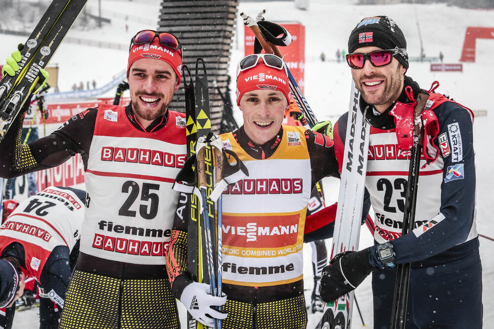 13.01.2017, Val di Fiemme, Italy (ITA):Johannes Rydzek (GER), Eric Frenzel (GER), Magnus H. Moan (NOR), (l-r) - FIS world cup nordic combined, individual gundersen HS134/10km, Val di Fiemme (ITA). www.nordicfocus.com. © Bragotto/NordicFocus. Every downl