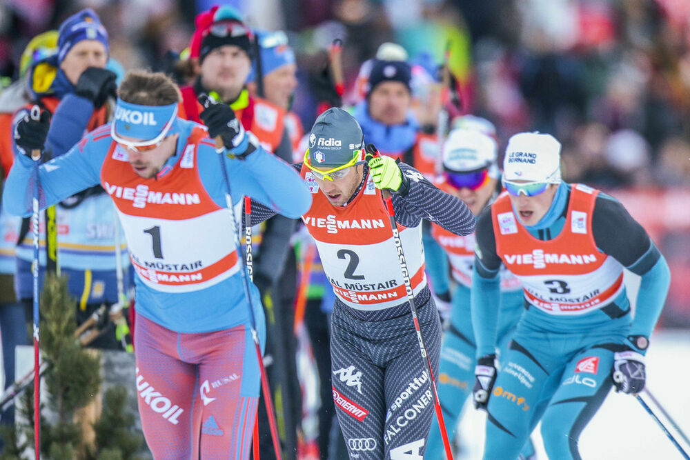 31.12.2016, Val Mustair, Switzerland (SUI):Sergey Ustiugov (RUS), Federico Pellegrino (ITA), Lucas Chanavat (FRA), (l-r)  - FIS world cup cross-country, tour de ski, individual sprint, Val Mustair (SUI). www.nordicfocus.com. © Modica/NordicFocus. Every