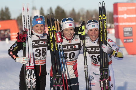 21.01.2017, Ulricehamn, Sweden (SWE):Krista Parmakoski (FIN), Marit Bjoergen (NOR), Charlotte Kalla (SWE), (l-r) - FIS world cup cross-country, 10km women, Ulricehamn (SWE). www.nordicfocus.com. © Modica/NordicFocus. Every downloaded picture is fee-liab NordicFocus 21.01.2017, Ulricehamn, Sweden (SWE):Krista Parmakoski (FIN), Marit Bjoergen (NOR), Charlotte Kalla (SWE), (l-r) - FIS world cup cross-country, 10km women, Ulricehamn (SWE). www.nordicfocus.com. © Modica/NordicFocus. Every downloaded picture is fee-liab