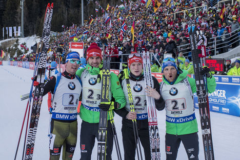 21.01.2017, Antholz, Italy (ITA):Simon Schempp (GER), Arnd Peiffer (GER), Benedikt Doll (GER), Eric Lesser (GER), (l-r) - IBU world cup biathlon, relay men, Antholz (ITA). www.nordicfocus.com. © Manzoni/NordicFocus. Every downloaded picture is fee-liab NordicFocus 21.01.2017, Antholz, Italy (ITA):Simon Schempp (GER), Arnd Peiffer (GER), Benedikt Doll (GER), Eric Lesser (GER), (l-r) - IBU world cup biathlon, relay men, Antholz (ITA). www.nordicfocus.com. © Manzoni/NordicFocus. Every downloaded picture is fee-liab