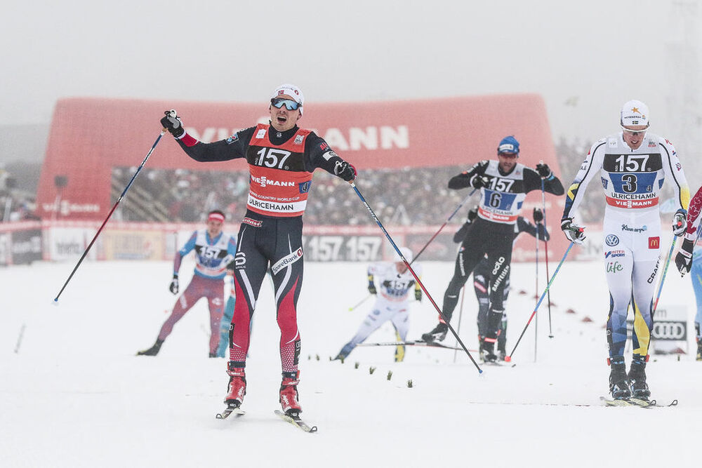22.01.2017, Ulricehamn, Sweden (SWE):Finn Haagen Krogh (NOR), Calle Halfvarsson (SWE), (l-r)  - FIS world cup cross-country, 4x7.5km men, Ulricehamn (SWE). www.nordicfocus.com. © Modica/NordicFocus. Every downloaded picture is fee-liable.