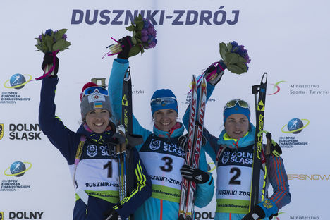 28.01.2017, Duszniki Zdroj, Poland (POL):Yuliia Dzhima (UKR), Irina Starykh (RUS), Svetlana Sleptsova (RUS), (l-r) - IBU Open European championships biathlon, pursuit women, Duszniki Zdroj (POL). www.nordicfocus.com. © Manzoni/NordicFocus. Every downloa NordicFocus 28.01.2017, Duszniki Zdroj, Poland (POL):Yuliia Dzhima (UKR), Irina Starykh (RUS), Svetlana Sleptsova (RUS), (l-r) - IBU Open European championships biathlon, pursuit women, Duszniki Zdroj (POL). www.nordicfocus.com. © Manzoni/NordicFocus. Every downloa