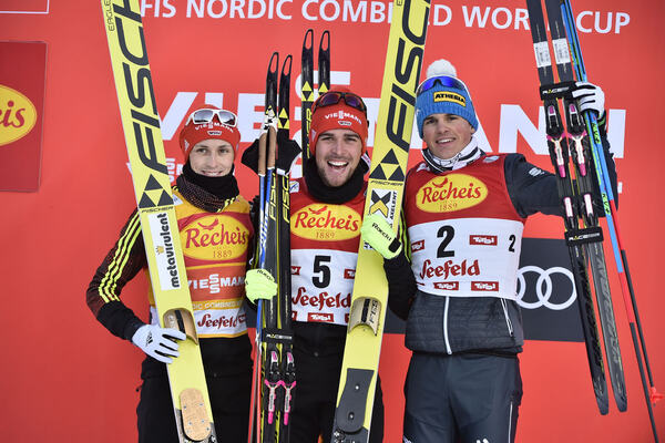 27.01.2017, Seefeld, Austria (AUT):Eric Frenzel (GER), Johannes Rydzek (GER), Samuel Costa (ITA), (l-r) - FIS world cup nordic combined, individual gundersen HS109/5km, Seefeld (AUT). www.nordicfocus.com. © Thibaut/NordicFocus. Every downloaded picture NordicFocus