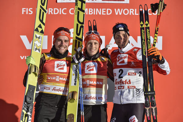 29.01.2017, Seefeld, Austria (AUT):GER Rydzek Johannes (0), GER Frenzel Eric (0), AUT Gruber Bernhard (0), (l-r) - FIS world cup nordic combined, individual gundersen HS109/15km, Seefeld (AUT). www.nordicfocus.com. © Thibaut/NordicFocus. Every downloade NordicFocus
