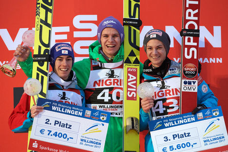 29.01.2017, Willingen, Germany (GER):Stefan Kraft (AUT), Andreas Wellinger (GER), Manuel Fettner (AUT), (l-r) - FIS world cup ski jumping, individual HS145, Willingen (GER). www.nordicfocus.com. © Rauschendorfer/NordicFocus. Every downloaded picture is NordicFocus 29.01.2017, Willingen, Germany (GER):Stefan Kraft (AUT), Andreas Wellinger (GER), Manuel Fettner (AUT), (l-r) - FIS world cup ski jumping, individual HS145, Willingen (GER). www.nordicfocus.com. © Rauschendorfer/NordicFocus. Every downloaded picture is