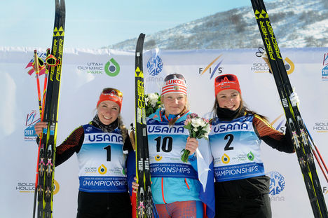 Womens classic sprint podium at USANA FIS Junior Nordic World Championships classic sprint. L-R: Silver-Antonia Fraebel, Germany; gold-Polina Nekrasova, Russia; bronze-Coletta Rydzek, Germany. (U.S. Ski Team - Tom Kelly) Womens classic sprint podium at USANA FIS Junior Nordic World Championships classic sprint. L-R: Silver-Antonia Fraebel, Germany; gold-Polina Nekrasova, Russia; bronze-Coletta Rydzek, Germany. (U.S. Ski Team - Tom Kelly)