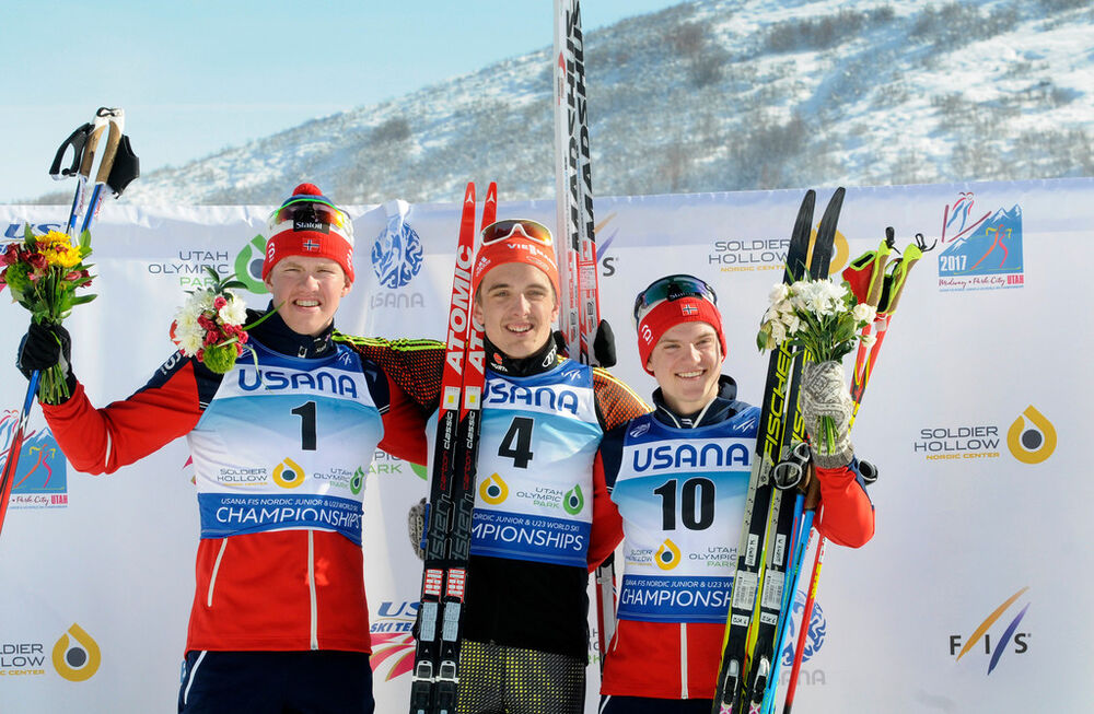 USANA FIS Junior Nordic World Championships classic sprint podium. L-R: Silver-Petter Stakston, Norway; gold-Janosch Brugger, Germany; bronze-Herman Meyer, Norway. (U.S. Ski Team - Tom Kelly)