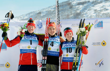 USANA FIS Junior Nordic World Championships classic sprint podium. L-R: Silver-Petter Stakston, Norway; gold-Janosch Brugger, Germany; bronze-Herman Meyer, Norway. (U.S. Ski Team - Tom Kelly) USANA FIS Junior Nordic World Championships classic sprint podium. L-R: Silver-Petter Stakston, Norway; gold-Janosch Brugger, Germany; bronze-Herman Meyer, Norway. (U.S. Ski Team - Tom Kelly)