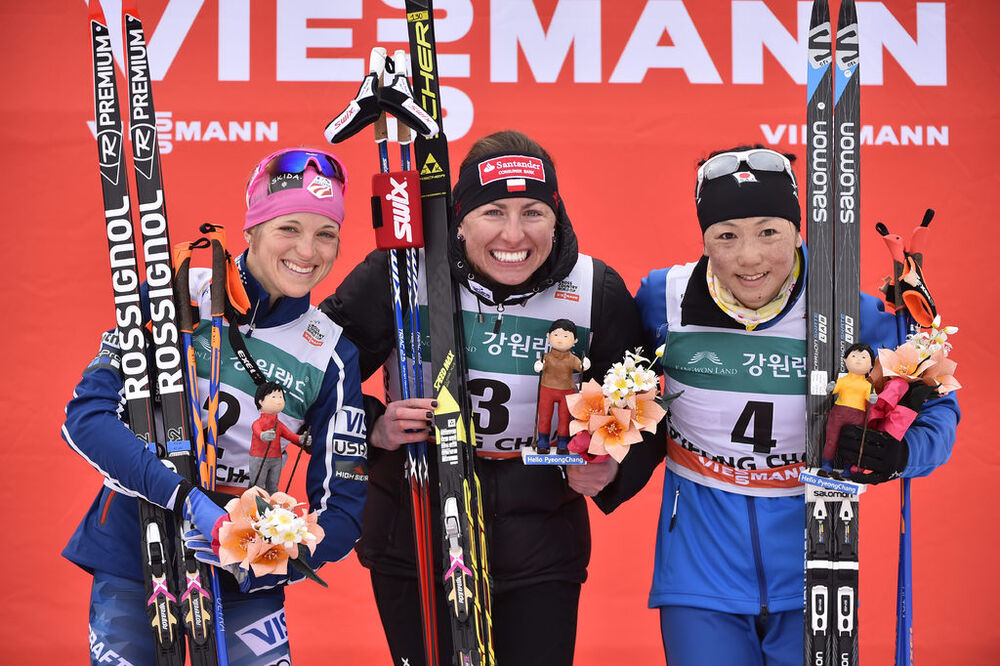04.02.2017, Pyeong Chang, Korea (KOR):Elizabeth Stephen (USA), Justyna Kowalczyk (POL), Masako Ishida (JPN), (l-r) - FIS world cup cross-country, skiathlon women, Pyeong Chang (KOR). www.nordicfocus.com. © Thibaut/NordicFocus. Every downloaded picture i