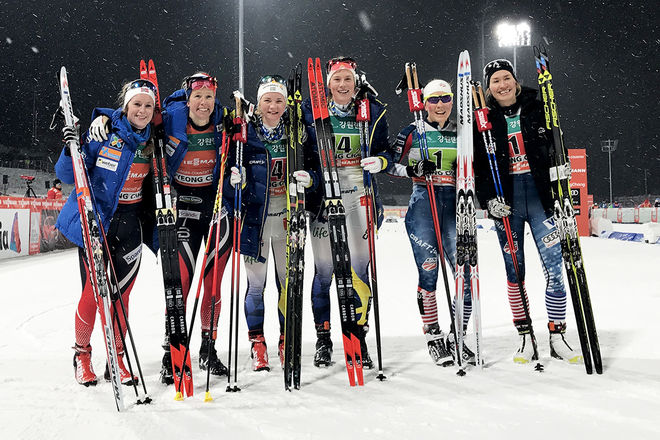 ELIN MOHLIN och Maria Nordström i mitten vann världscupen i teamsprint i Pyeongchang. Till vänster Norges lag med Anna Svendsen och Silje Øyre Slind och till höger USA med Ida Sargent och Sophie Caldwell. Foto: NORDIC FOCUS
