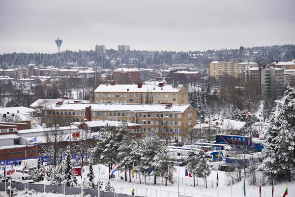 21.02.2016, Lahti, Finland (FIN): Team Area and Lahti city center seen from above - FIS world cup nordic combined, individual gundersen HS130/10km, Lahti (FIN). www.nordicfocus.com. © Felgenhauer/NordicFocus. Every downloaded picture is fee-liable. NordicFocus