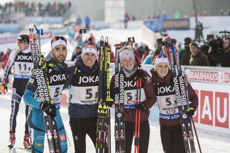 09.02.2017, Hochfilzen, Austria (AUT):Martin Fourcade (FRA), Quentin Fillon Maillet (FRA), Marie Dorin Habert (FRA), Anais Chevalier (FRA), (l-r) - IBU world championships biathlon, relay mixed, Hochfilzen (AUT). www.nordicfocus.com. © NordicFocus. Ever NordicFocus 09.02.2017, Hochfilzen, Austria (AUT):Martin Fourcade (FRA), Quentin Fillon Maillet (FRA), Marie Dorin Habert (FRA), Anais Chevalier (FRA), (l-r) - IBU world championships biathlon, relay mixed, Hochfilzen (AUT). www.nordicfocus.com. © NordicFocus. Ever