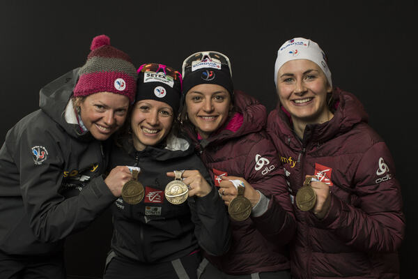 17.02.2017, Hochfilzen, Austria (AUT):Marie Dorin Habert (FRA), Anais Chevalier (FRA), Celia Aymonier (FRA), Justine Braisaz (FRA), (l-r) - IBU world championships biathlon, medals, Hochfilzen (AUT). www.nordicfocus.com. © NordicFocus. Every downloaded NordicFocus