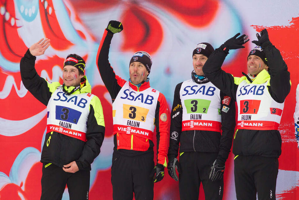 27.02.2015, Falun, Sweden (SWE): Adrien Backscheider (FRA), Robin Duvillard (FRA), Maurice Manificat (FRA), Jean Marc Gaillard (FRA), (l-r) - FIS nordic world ski championships, cross-country, 4x10km men, Falun (SWE). www.nordicfocus.com. © NordicFocus.