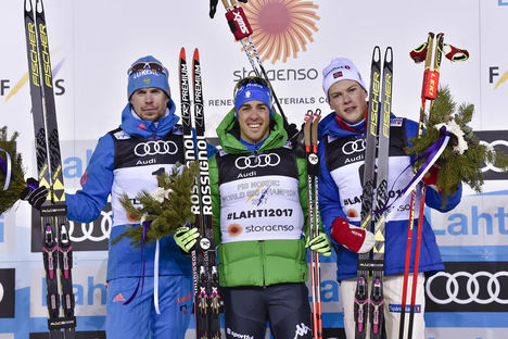 23.02.2017, Lahti, Finland (FIN):Sergey Ustiugov (RUS), Federico Pellegrino (ITA), Johannes Hoesflot Klaebo (NOR), (l-r) - FIS nordic world ski championships, cross-country, individual sprint, Lahti (FIN). www.nordicfocus.com. © Thibaut/NordicFocus. Eve NordicFocus 23.02.2017, Lahti, Finland (FIN):Sergey Ustiugov (RUS), Federico Pellegrino (ITA), Johannes Hoesflot Klaebo (NOR), (l-r) - FIS nordic world ski championships, cross-country, individual sprint, Lahti (FIN). www.nordicfocus.com. © Thibaut/NordicFocus. Eve
