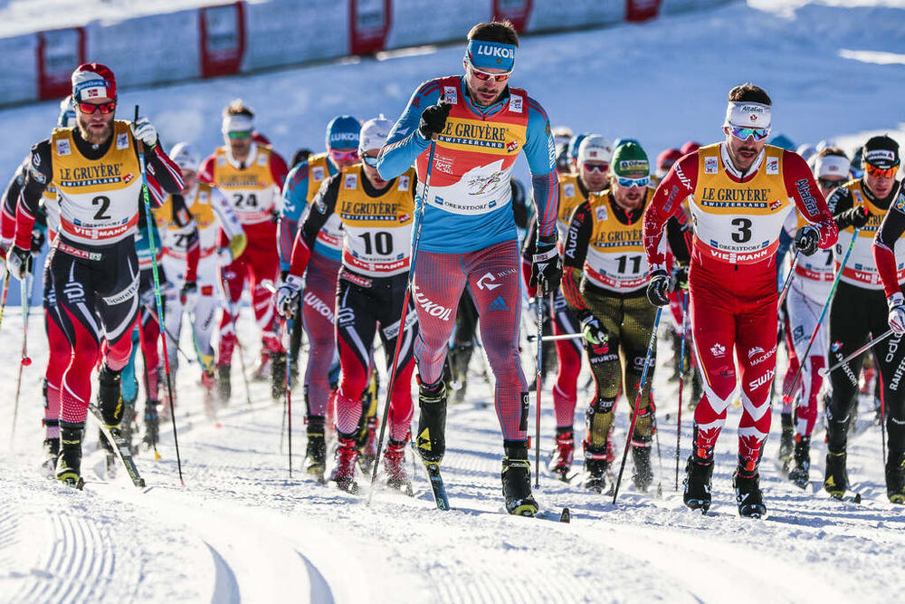 03.01.2017, Oberstdorf, Germany (GER):Martin Johnsrud Sundby (NOR), Finn Haagen Krogh (NOR), Sergey Ustiugov (RUS), Thomas Bing (GER), Alex Harvey (CAN), (l-r)  - FIS world cup cross-country, tour de ski, skiathlon men, Oberstdorf (GER). www.nordicfocus.