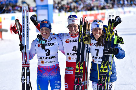 25.02.2017, Lahti, Finland (FIN):Krista Parmakoski (FIN), Marit Bjoergen (NOR), Charlotte Kalla (SWE) - FIS nordic world ski championships, cross-country, skiathlon women, Lahti (FIN). www.nordicfocus.com. © Thibaut/NordicFocus. Every downloaded picture NordicFocus 25.02.2017, Lahti, Finland (FIN):Krista Parmakoski (FIN), Marit Bjoergen (NOR), Charlotte Kalla (SWE) - FIS nordic world ski championships, cross-country, skiathlon women, Lahti (FIN). www.nordicfocus.com. © Thibaut/NordicFocus. Every downloaded picture