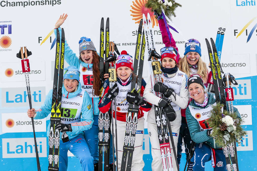 26.02.2017, Lahti, Finland (FIN):Yulia Belorukova (RUS), Natalia Matveeva (RUS), Heidi Weng (NOR), Maiken Caspersen Falla (NOR), Sadie Bjornsen (USA), Jessica Diggins (USA), (l-r) - FIS nordic world ski championships, cross-country, team sprint, Lahti (F