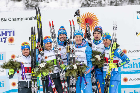 26.02.2017, Lahti, Finland (FIN):Dietmar Noeckler (ITA), Federico Pellegrino (ITA), Sergey Ustiugov (RUS), Nikita Kriukov (RUS), Iivo Niskanen (FIN), Sami Jauhojaervi (FIN), (l-r), (l-r) - FIS nordic world ski championships, cross-country, team sprint, L Modica/NordicFocus 26.02.2017, Lahti, Finland (FIN):Dietmar Noeckler (ITA), Federico Pellegrino (ITA), Sergey Ustiugov (RUS), Nikita Kriukov (RUS), Iivo Niskanen (FIN), Sami Jauhojaervi (FIN), (l-r), (l-r) - FIS nordic world ski championships, cross-country, team sprint, L