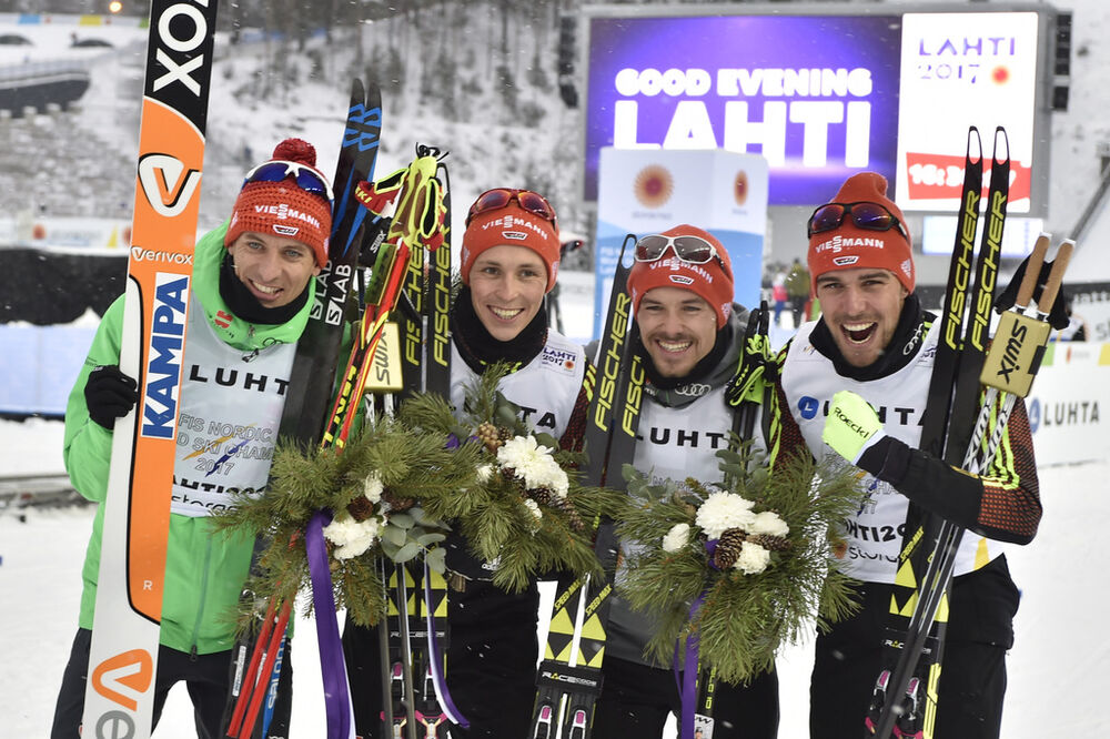26.03.2017, Lahti, Finland (FIN):Fabian Riessle (GER), Johannes Rydzek (GER), Bjoern Kircheisen (GER), Eric Frenzel (GER) - FIS nordic world ski championships, nordic combined, team HS100/4x5km, Lahti (FIN). www.nordicfocus.com. © Thibaut/NordicFocus. E