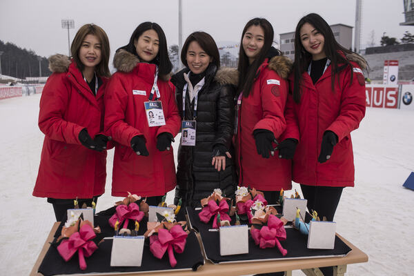01.03.2017, Pyeong Chang, Korea (KOR):Event Feature: the flower girls pose for the picture - IBU world cup biathlon, training, Pyeong Chang (KOR). www.nordicfocus.com. © Manzoni/NordicFocus. Every downloaded picture is fee-liable. NordicFocus