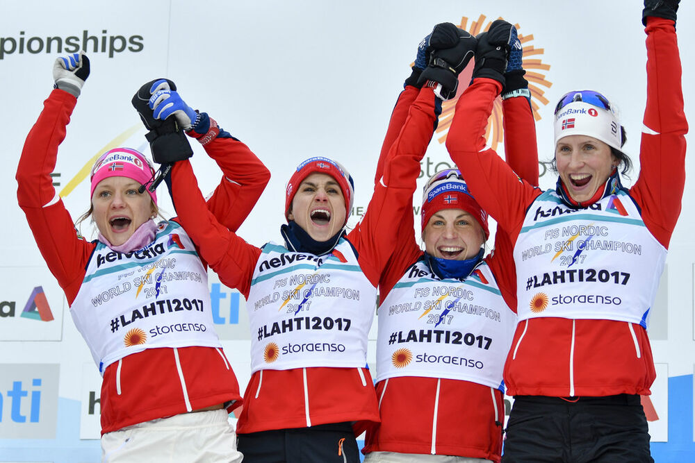 02.03.2017, Lahti, Finland (FIN):Maiken Caspersen Falla (NOR), Heidi Weng (NOR), Astrid Uhrenholdt Jacobsen (NOR), Marit Bjoergen (NOR) - FIS nordic world ski championships, cross-country, 4x5km women, Lahti (FIN). www.nordicfocus.com. © Thibaut/NordicF
