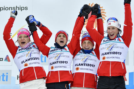 02.03.2017, Lahti, Finland (FIN):Maiken Caspersen Falla (NOR), Heidi Weng (NOR), Astrid Uhrenholdt Jacobsen (NOR), Marit Bjoergen (NOR) - FIS nordic world ski championships, cross-country, 4x5km women, Lahti (FIN). www.nordicfocus.com. © Thibaut/NordicF Thibaut/NordicFocus 02.03.2017, Lahti, Finland (FIN):Maiken Caspersen Falla (NOR), Heidi Weng (NOR), Astrid Uhrenholdt Jacobsen (NOR), Marit Bjoergen (NOR) - FIS nordic world ski championships, cross-country, 4x5km women, Lahti (FIN). www.nordicfocus.com. © Thibaut/NordicF