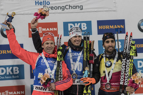 03.03.2017, Pyeong Chang, Korea (KOR):Lowell Bailey (USA), Julian Eberhard (AUT), Martin Fourcade (FRA), (l-r) - IBU world cup biathlon, sprint men, Pyeong Chang (KOR). www.nordicfocus.com. © Manzoni/NordicFocus. Every downloaded picture is fee-liable. NordicFocus 03.03.2017, Pyeong Chang, Korea (KOR):Lowell Bailey (USA), Julian Eberhard (AUT), Martin Fourcade (FRA), (l-r) - IBU world cup biathlon, sprint men, Pyeong Chang (KOR). www.nordicfocus.com. © Manzoni/NordicFocus. Every downloaded picture is fee-liable.