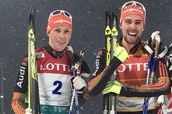 05.02.2017, Pyeong Chang, Korea (KOR):Eric Frenzel (GER), Johannes Rydzek (GER), Mario Seidl (AUT), l-r - FIS world cup nordic combined, individual gundersen HS140/10km, Pyeong Chang (KOR). www.nordicfocus.com. © Tegethof/NordicFocus. Every downloaded p NordicFocus