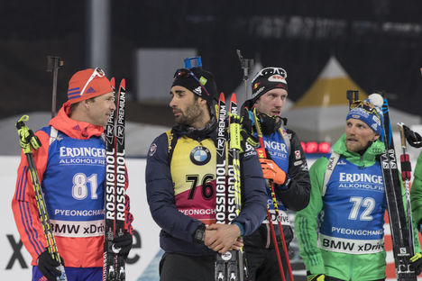 03.03.2017, Pyeong Chang, Korea (KOR):Lowell Bailey (USA), Martin Fourcade (FRA), Dominik Landertinger (AUT), Erik Lesser (GER), (l-r) - IBU world cup biathlon, sprint men, Pyeong Chang (KOR). www.nordicfocus.com. © Manzoni/NordicFocus. Every downloade NordicFocus 03.03.2017, Pyeong Chang, Korea (KOR):Lowell Bailey (USA), Martin Fourcade (FRA), Dominik Landertinger (AUT), Erik Lesser (GER), (l-r) - IBU world cup biathlon, sprint men, Pyeong Chang (KOR). www.nordicfocus.com. © Manzoni/NordicFocus. Every downloade