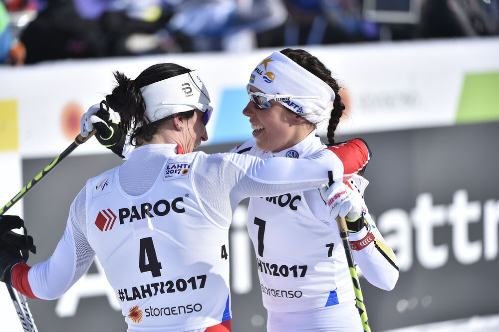 25.02.2017, Lahti, Finland (FIN):Marit Bjoergen (NOR), Charlotte Kalla (SWE) - FIS nordic world ski championships, cross-country, skiathlon women, Lahti (FIN). www.nordicfocus.com. © Thibaut/NordicFocus. Every downloaded picture is fee-liable.