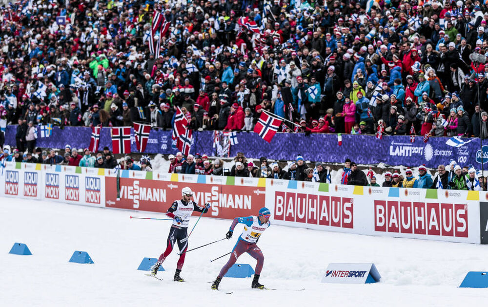 03.03.2017, Lahti, Finland (FIN):Alexey Chervotkin (RUS), Martin Johnsrud Sundby (NOR), (l-r)  - FIS nordic world ski championships, cross-country, 4x10km men, Lahti (FIN). www.nordicfocus.com. © Modica/NordicFocus. Every downloaded picture is fee-liabl