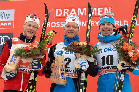 08.03.2017, Drammen, Norway (NOR):Johannes Hoesflot Klaebo (NOR), Eirik Brandsdal (NOR), Sergey Ustiugov (RUS), (l-r) - FIS world cup cross-country, individual sprint, Drammen (NOR). www.nordicfocus.com. © Rauschendorfer/NordicFocus. Every downloaded pi NordicFocus 08.03.2017, Drammen, Norway (NOR):Johannes Hoesflot Klaebo (NOR), Eirik Brandsdal (NOR), Sergey Ustiugov (RUS), (l-r) - FIS world cup cross-country, individual sprint, Drammen (NOR). www.nordicfocus.com. © Rauschendorfer/NordicFocus. Every downloaded pi